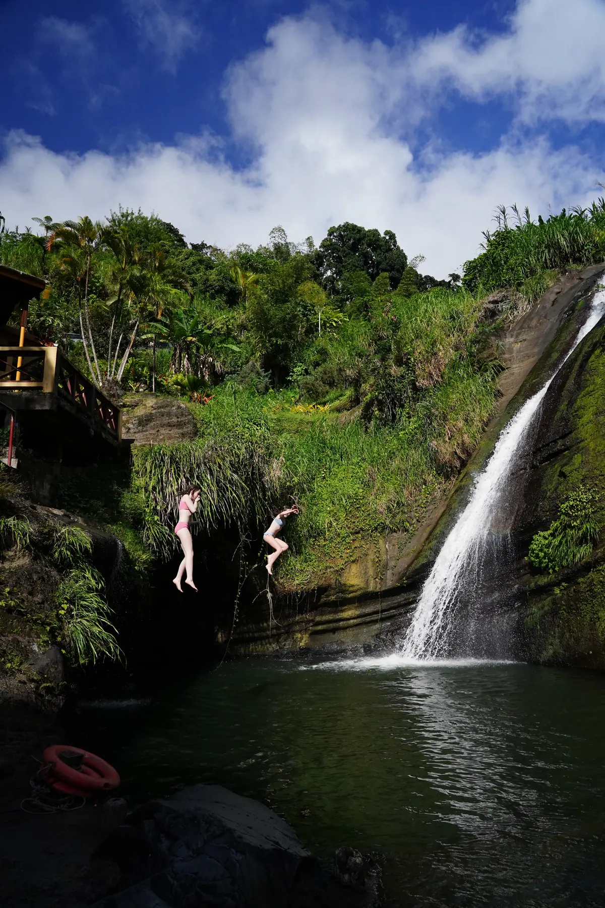 Swimmers leaping into the pool below a waterfall in Grenada's interior